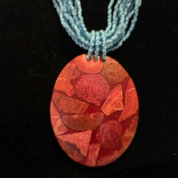 Seed Bead multi strand necklace red pendant - Picture 1 of 8